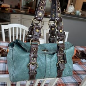 Coach Green and Brown Leather Bag with Gold Accents